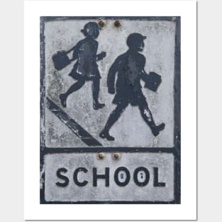 Old faded UK road sign for a school in Glastonbury Posters and Art